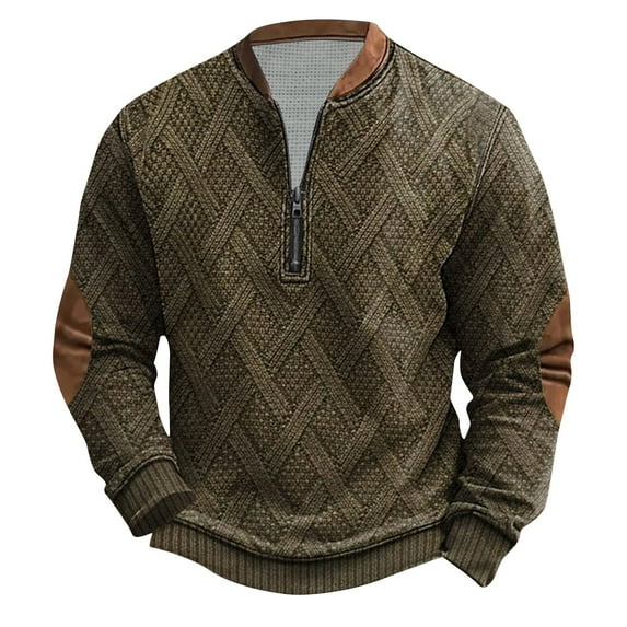 YUGYXL Mens Vintage Knit Print Zip-Up Sweatshirt Plus Size Long Sleeve Sweater with Elbow Patches Pullover Clothes Khaki XL