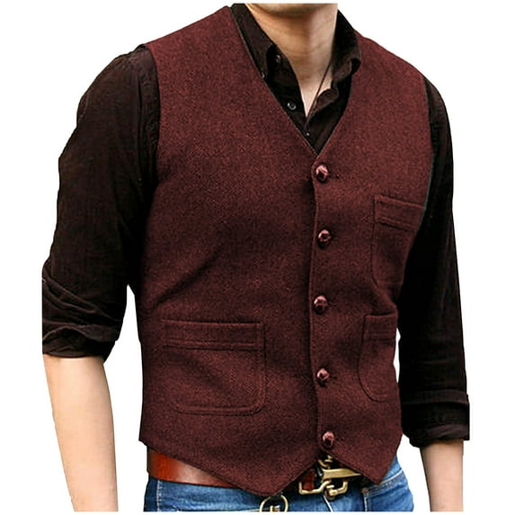 YUGYXL Mens Vintage Tweed Suit Vest V Neck Casual Wool Waistcoat for Wedding Groomsmen Wine M