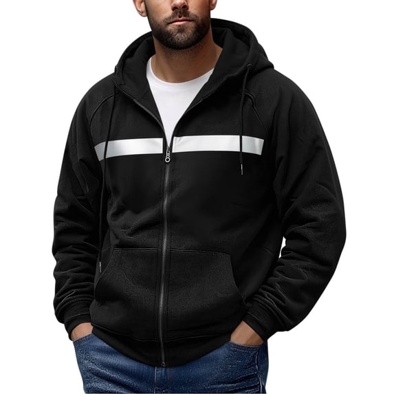 YUGYXL Mens Zip Up Fleece Lined Reflective Hoodies Sweatshirts Outdoor Workout Loose Pullover Tops with Pockets Black Jacket