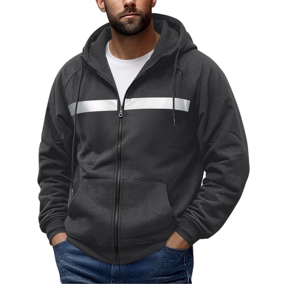 YUGYXL Mens Zip Up Fleece Lined Reflective Hoodies Sweatshirts Outdoor Workout Loose Pullover Tops with Pockets Gray Jacket