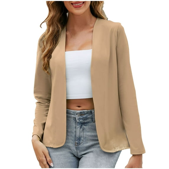 YUGYXL Open Front Blazer for Women Lightweight Long Sleeve Shawl Casual Plus Size Work Office Suit Jackets Slim Fit Solid Color Cardigan Today's Khaki,S