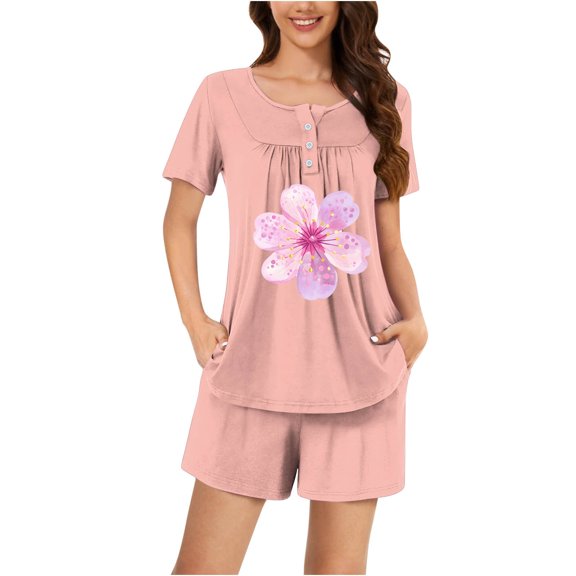 YUGYXL Outfits for Women Short Sleeve Henley Pleated Tunic Tops Loose Fit Shorts 2 Piece Lounge Set with Pockets Pink XXL