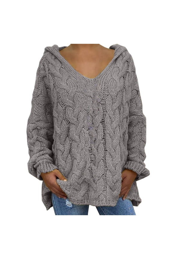 Oversized Sweaters for Womens Chunky Cable Knit Pullover Hooded Sweaters V Neck Long Sleeve Loose Hoodies Knitwear Clothes Gray XL