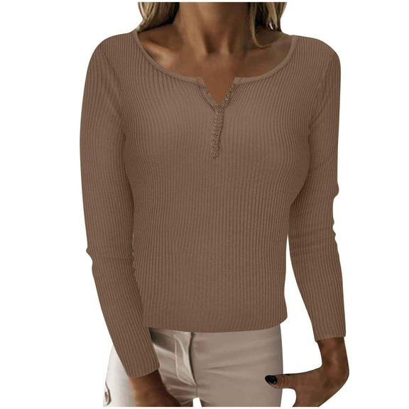 YUGYXL Oversized T Shirts for Women Vintage Long Sleeve Henley Shirt Button Down Slim Fit Tops Scoop Neck Ribbed Knit Tshirt Khaki XL