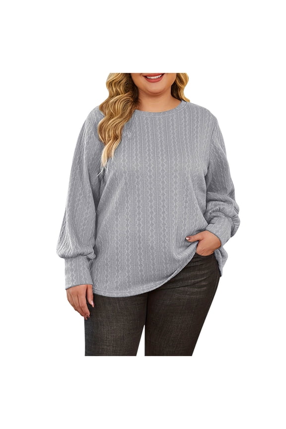 Oversized Textured Knit Blouse for Women Fall Winter Long Puff Sleeve Round Neck Shirt Solid Lightweight Trendy T-Shirt Light Blue M