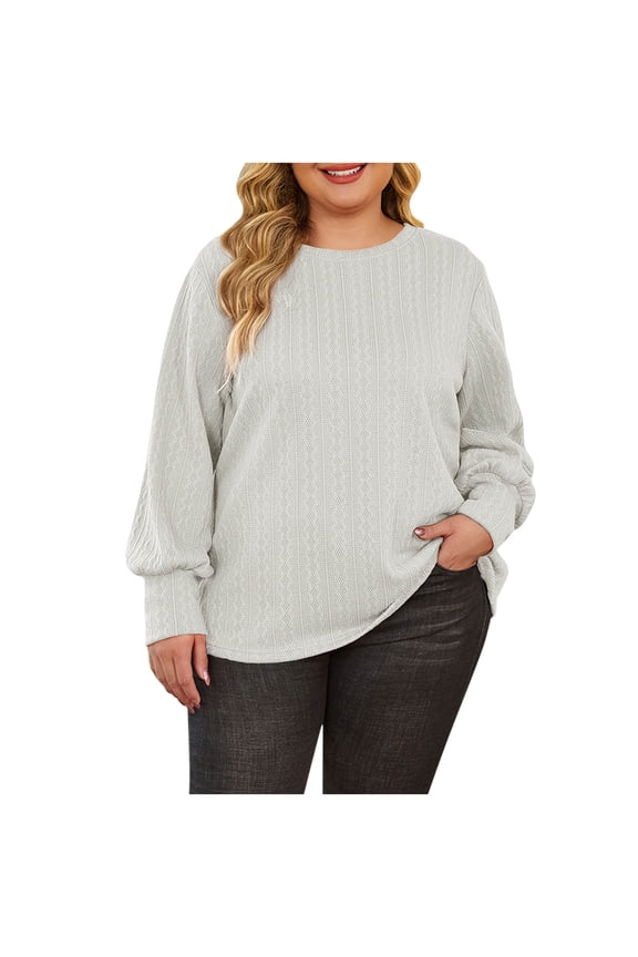 Oversized Textured Knit Blouse for Women Fall Winter Long Puff Sleeve Round Neck Shirt Solid Lightweight Trendy T-Shirt White XXL