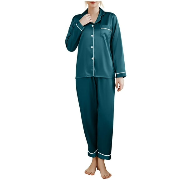 YUGYXL Pajama Sets For Women 2 Piece Short Sleeve Long Pants Petite Satin Silky Button Down Shirt Pants Set Soft Loungewear Green S