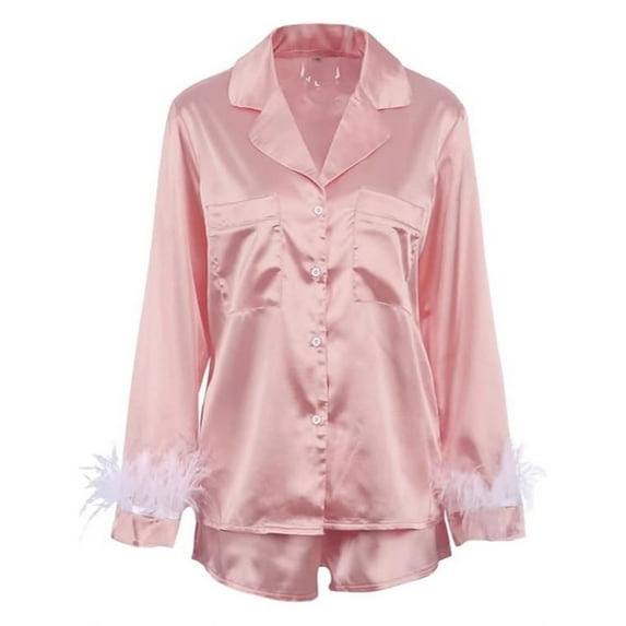 YUGYXL Pajamas Set for Women with Feather Cuffs Satin Long Sleeve Button Down Sleepwear Nightwear Loungewear Soft Pj Sets Pink XL