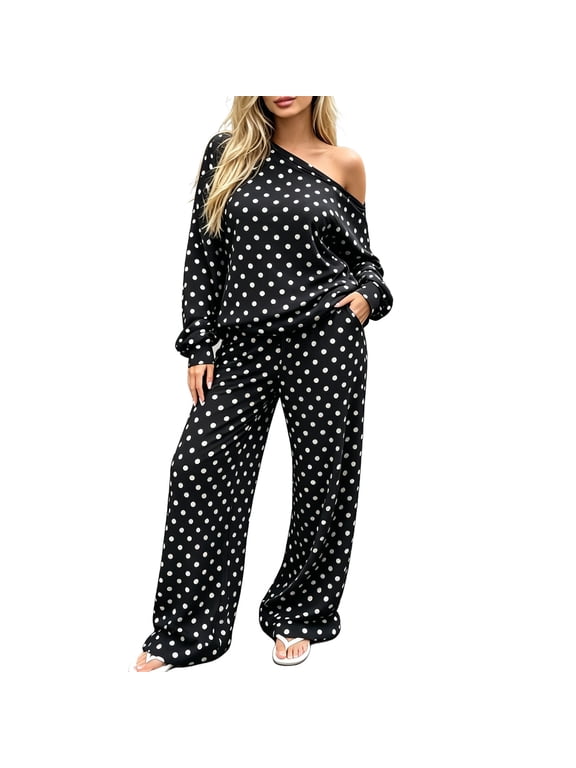 Pants Sets Women 2 Piece Outfits Casual Polka Dot One Shoulder Loose Sweatshirt and Drawstring Sweatpants Cute Set Black Outfits L