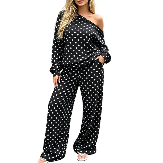 YUGYXL Pants Sets Women 2 Piece Outfits Casual Polka Dot One Shoulder Loose Sweatshirt and Drawstring Sweatpants Cute Set Black Outfits XXL