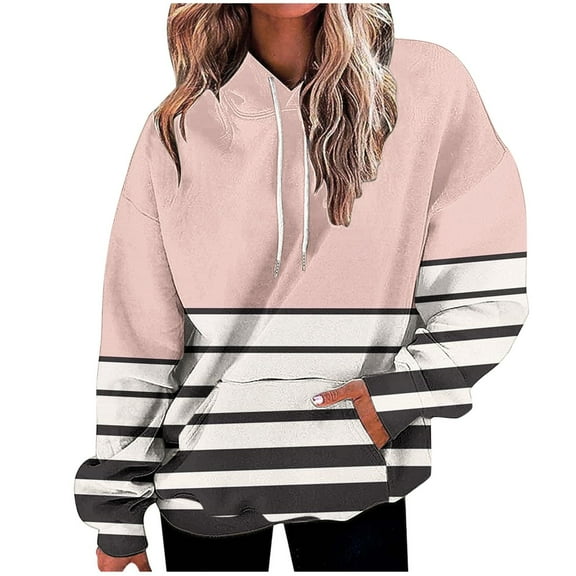 YUGYXL Patchwork Hoodie for Women Drawstring Long Sleeve Hooded Blouse with Pocket Teen Girl Y2K Clothes Pink XXXL