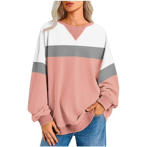 YUGYXL Patchwork Pullover for Women Casual Long Sleeve Crew Neck Comfy Sweatshirts Fall Winter Plus Size Loose Tops Pink S