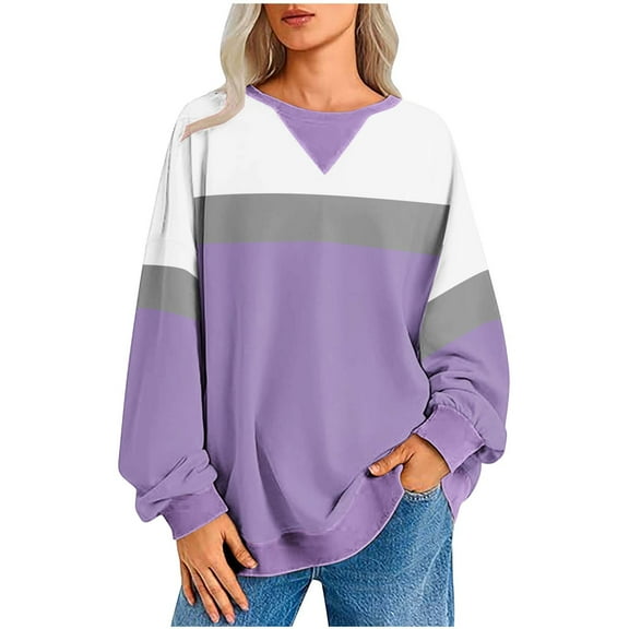 YUGYXL Patchwork Pullover for Women Casual Long Sleeve Crew Neck Comfy Sweatshirts Fall Winter Plus Size Loose Tops Purple M