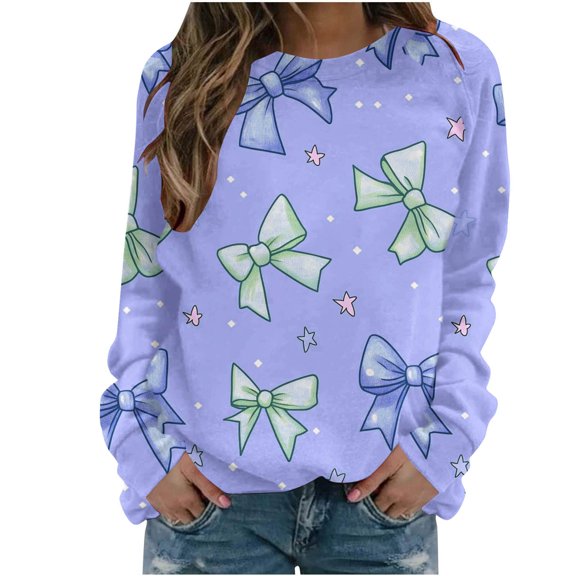 YUGYXL Pink Bows Sweatshirt for Women Plus Size Loose Blouse Crewneck Fall Winter Fashion Outfits Tops for Women Purple XXL
