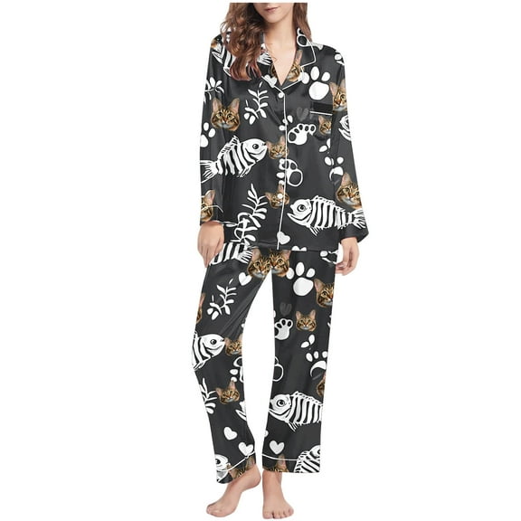 YUGYXL Pj Sets for Woman Womens Pajamas Set Trendy Plaid Print Button Long Sleeve Lapel Shirts and Shorts Holiday Outfits G Black M