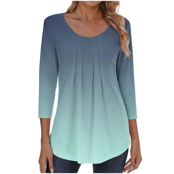 YUGYXL Pleated Boho Tops for Women Fashion Gradient Womens T Shirts Fall Casual Crewneck Shirt Sleeve Printed Blouse Green M