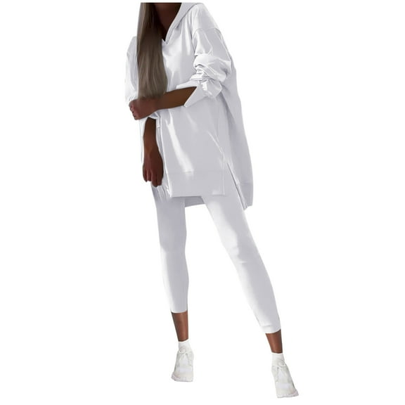 YUGYXL Plus Size 2 Piece Outfits for Women Oversized Pullover Split Side Hoodies with High Waisted Leggings Loungewear Sets White M