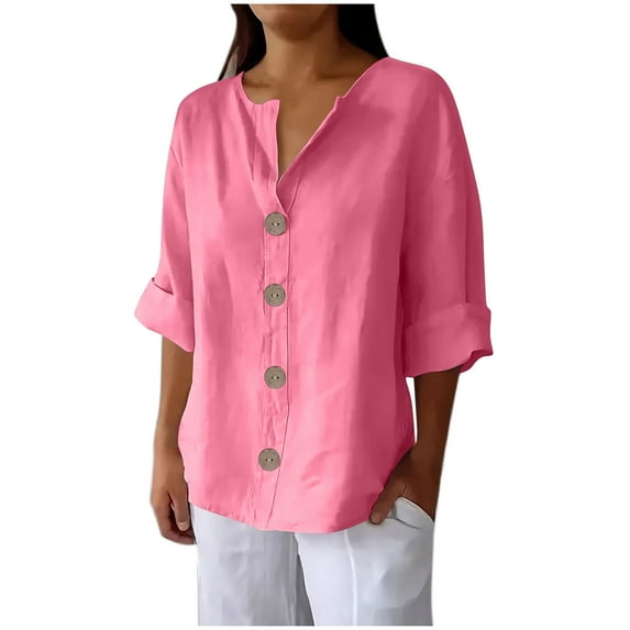 YUGYXL Plus Size 3/4 Length Tshirts for Women Button Down Cotton Linen Shirts Casual Cotton Linen Tees Baggy Comfy Blouses Tops Vacation Tshirt Pink XL