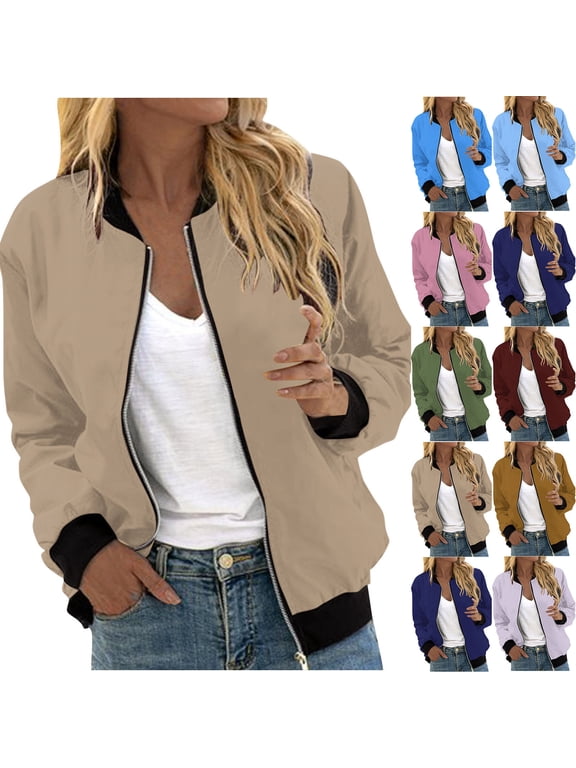 Plus Size Bomber Jacket for Women Trendy Solid COlor Bombers Jackets Casual Stand Collar Zip Up Varsity Jackets Lightweight Windproof Outwear Today
