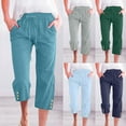 thumbnail image 1 of YUGYXL Plus Size Capris for Women Cotton Linen Stretch Waist Pants with Pockets Drawstring Straight Pants Summer Outdoor Pants Army Green XXXL, 1 of 6