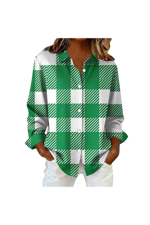 Plus Size Flannel Shirts for Women Lightweight Plaid Shirt Button Down Blouses Casual Green XXL