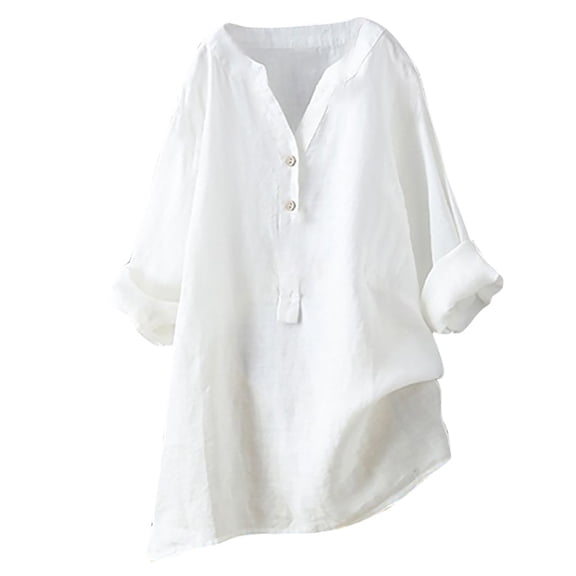 YUGYXL Casual Cotton Linen Shirts for Women Summer 2024 Round Neck Plus Size Tops Rolled 3/4 Length Sleeve Button Up Tunics Comfy Loose Fit Solid Color Blouse