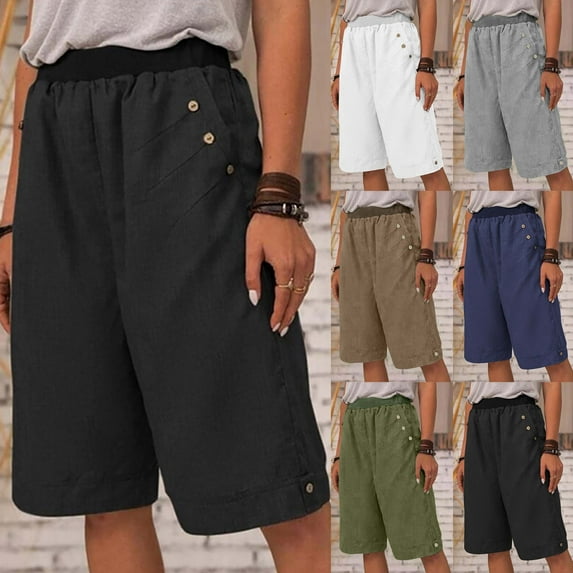 YUGYXL Plus Size Linen Capris for Women Elastic Waist Baggy Bermuda Pants with Pockets Wide Leg Capri Pants Black XXXL