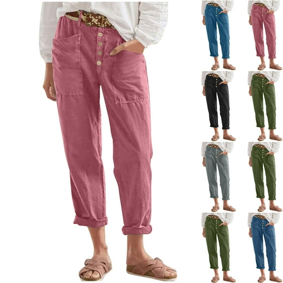 YUGYXL Plus Size Linen Pants for Women Button Up Stretch Waist Office Pants Summer Trendy Straight Business Pants with Big Pockets Army Green XXXL