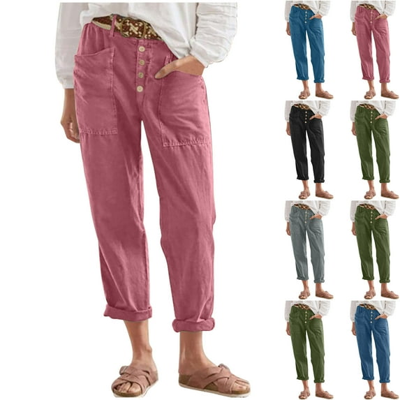 YUGYXL Plus Size Linen Pants for Women Button Up Stretch Waist Office Pants Summer Trendy Straight Business Pants with Big Pockets Army Green XXXL