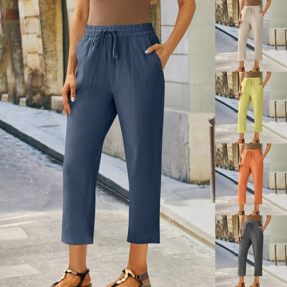 YUGYXL Plus Size Linen Pants for Women 2025 Summer Straight Cropped Pants Drawstring Lightweight Loose Elastic Waist Trousers Dark Blue XXXXXL