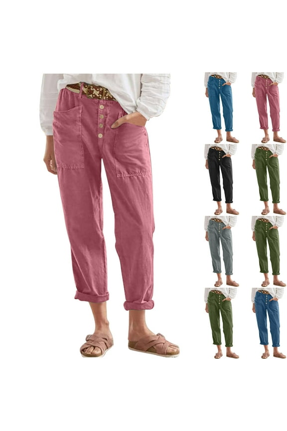 Plus Size Linen Pants for Women Button Up Stretch Waist Office Pants 2025 Summer Trendy Straight Business Pants with Big Pockets Red M
