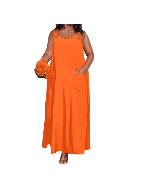 Plus Size Maxi Dresses for Curvy Women Summer Casual Sleeveless Long Dress Beach Swimsuit Coverup with Pockets Orange Dresses 6XL