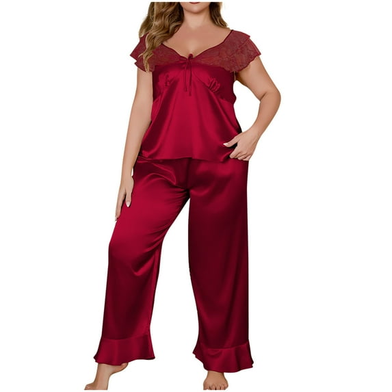 YUGYXL Plus Size Satin Silk Pajamas Set for Women Lace Short Sleeve Square collar Pjs Ruffle Long Pants Sleepwear Wine XXXXXL