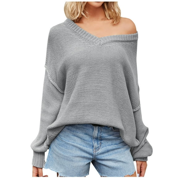 YUGYXL Plus Size Sweaters for Women Fall Casual Long Sleeve Ribbed Knit Sweater Lightweight Drop Shoulder Pullover Tops Gray L