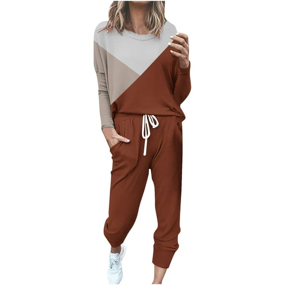 YUGYXL Plus Size Sweatsuits Set for Women 2 Piece Tracksuits Color Block Outfits Crew Neck Top and Sweatpants Brown M