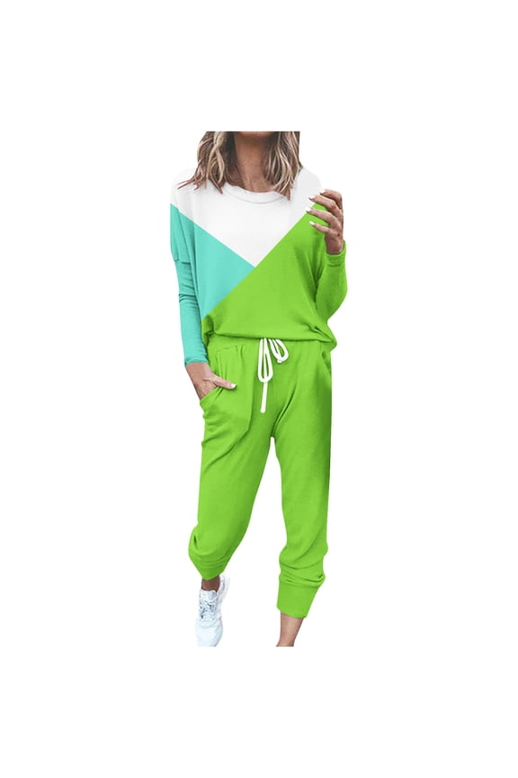 Plus Size Sweatsuits Set for Women 2 Piece Tracksuits Color Block Outfits Crew Neck Top and Sweatpants Green S