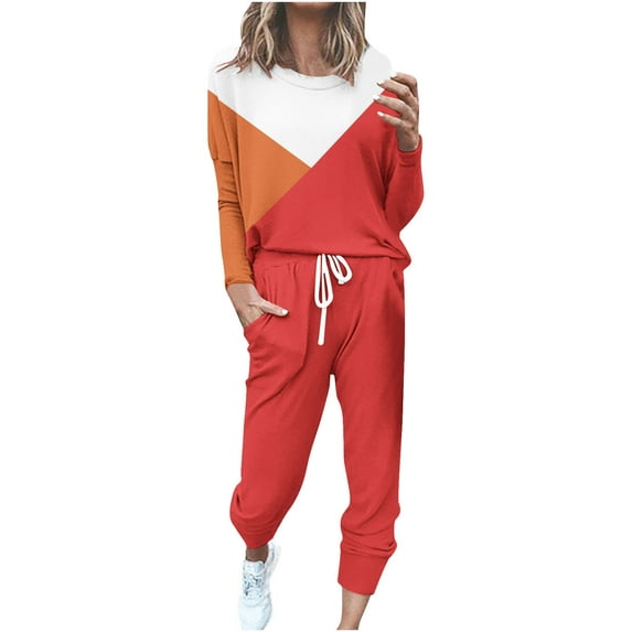 YUGYXL Plus Size Sweatsuits Set for Women 2 Piece Tracksuits Color Block Outfits Crew Neck Top and Sweatpants Watermelon Red XXXL