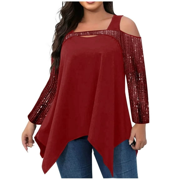 YUGYXL Plus Size Tops for Women Cold Shoulder Tops Oversized Fall Long Sleeve Sequins Tops Casual Elegant Asymmetrical Blouse Wine L