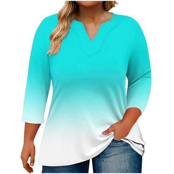 YUGYXL Plus Size Tshirts for Women 3/4 Sleeve Tshirts Gradient Color Baggy Shirts Casual V Neck Comfy Blouses Tops Dressy Lightweight Tees Mint Green XL