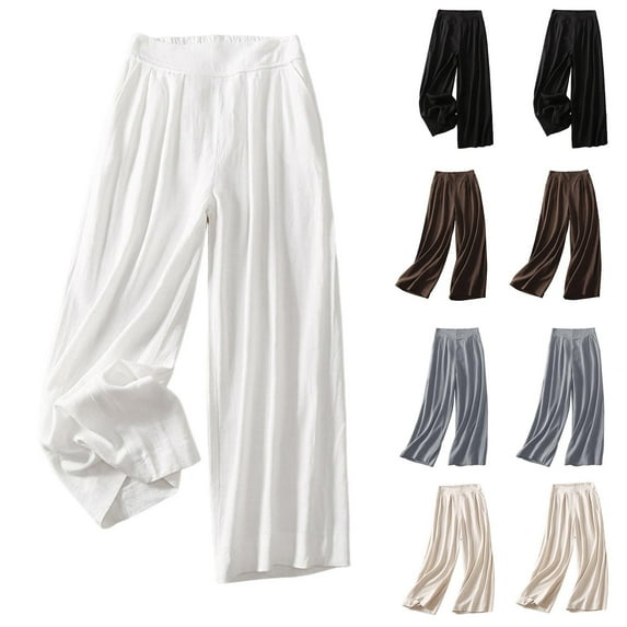 YUGYXL Plus Size Wide Leg Pants for Women Summer Elastic High Waist Loose Palazzo Pants Beach Holiday Long Pants with Pockets Black M