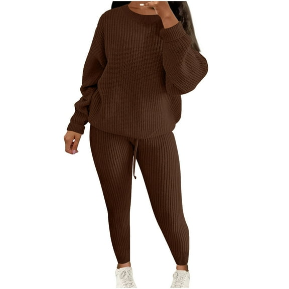 YUGYXL Plus Size Women 2 Piece Outfits Set Casual Long Sleeve Sweater Knit Pullover Top Leggings Pants Sweatsuit Lounge Sets Coffee XXXXL