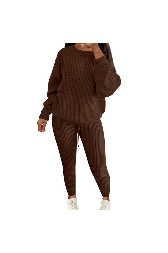 Plus Size Women 2 Piece Outfits Set Casual Long Sleeve Sweater Knit Pullover Top Leggings Pants Sweatsuit Lounge Sets Coffee XXXXL
