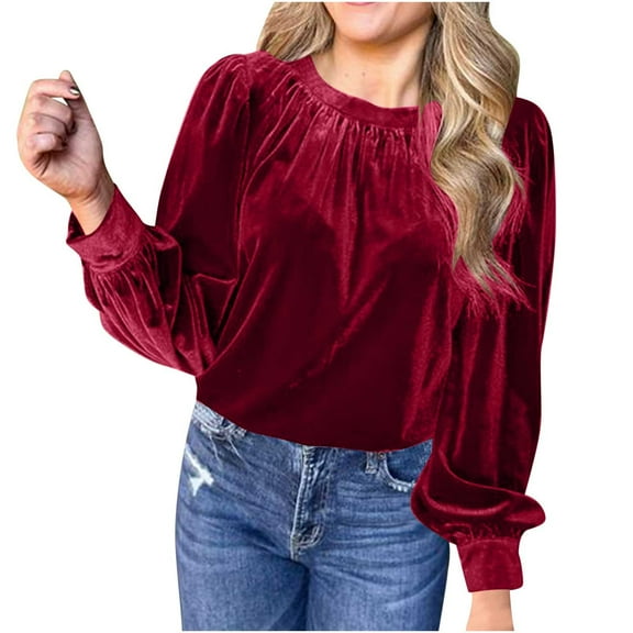 YUGYXL Puff Sleeve Shirts for Women Dressy Velvet Tops Elegant Long Sleeve Velour Blouses Casual Crewneck Work Shirt Red M