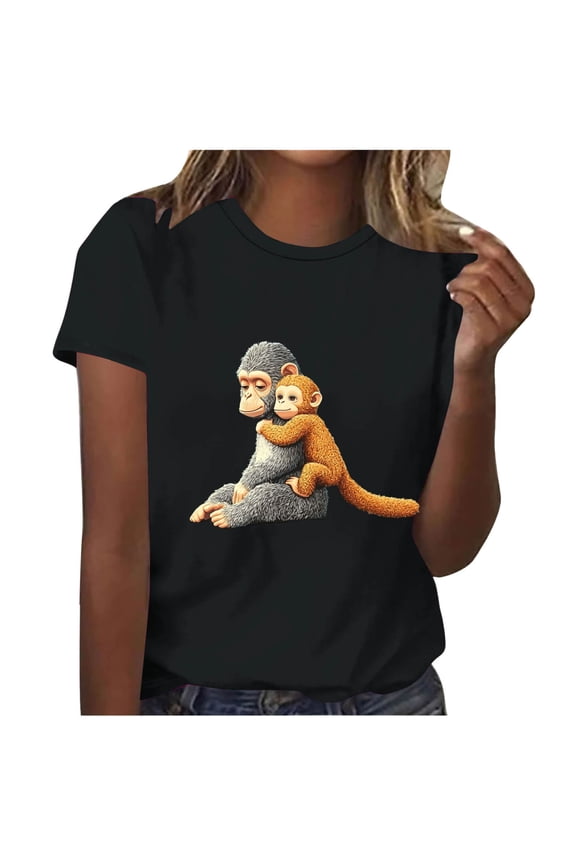 Punch Monkey Shirt for Women Short Sleeve Crewneck Graphic T-Shirt Loose Casual Tops Black Top XL