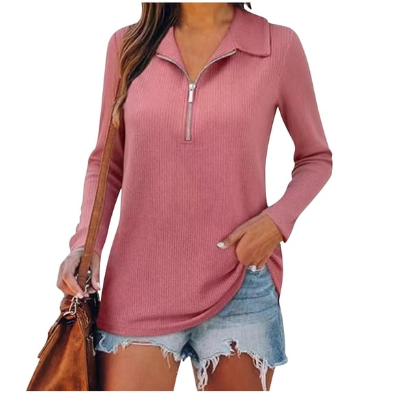 YUGYXL Quarter Zip Pullover Women Lapel V Neck Knit Sweaters Trendy Ribbed Half Zip Pullover Sweaters Collared Tunic Sweater Pink Sweatshirt L