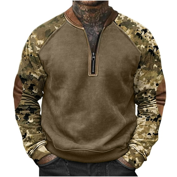 YUGYXL Quarter Zip Pullover for Men Printed Sweatshirts Long Sleeve Vintage Style Pullover Casual Slim Fit Shirts C Camouflage XXXL