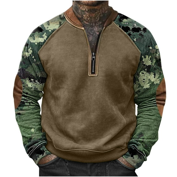 YUGYXL Quarter Zip Pullover for Men Printed Sweatshirts Long Sleeve Vintage Style Pullover Casual Slim Fit Shirts D Camouflage XL