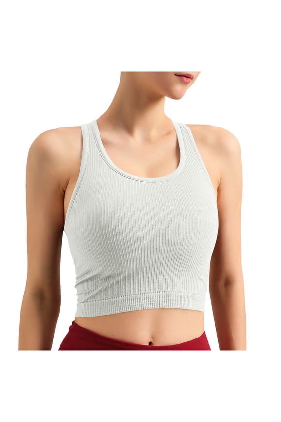 Racerback Tank Top for Women Ribbed Knit Cropped Shirt Textured High Elastic Casual Tanks Plain Scroop Neck Tops White M