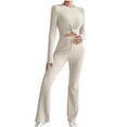 thumbnail image 1 of YUGYXL Ribbed 2 Piece Outfits for Women Long Sleeve Front Crop Top with Flare Long Pants Sweatsuits Loungewear Sets Beige M, 1 of 9