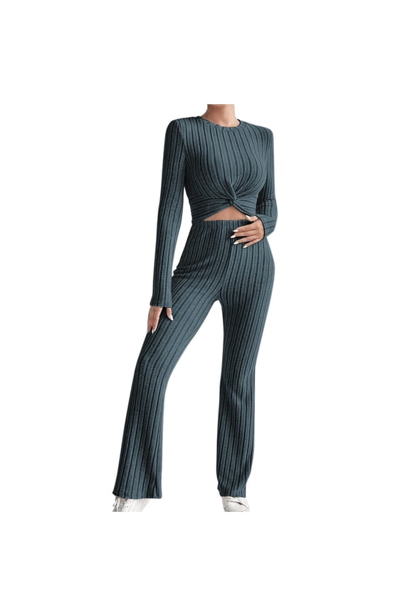 Ribbed 2 Piece Outfits for Women Long Sleeve Front Crop Top with Flare Long Pants Sweatsuits Loungewear Sets Blue M